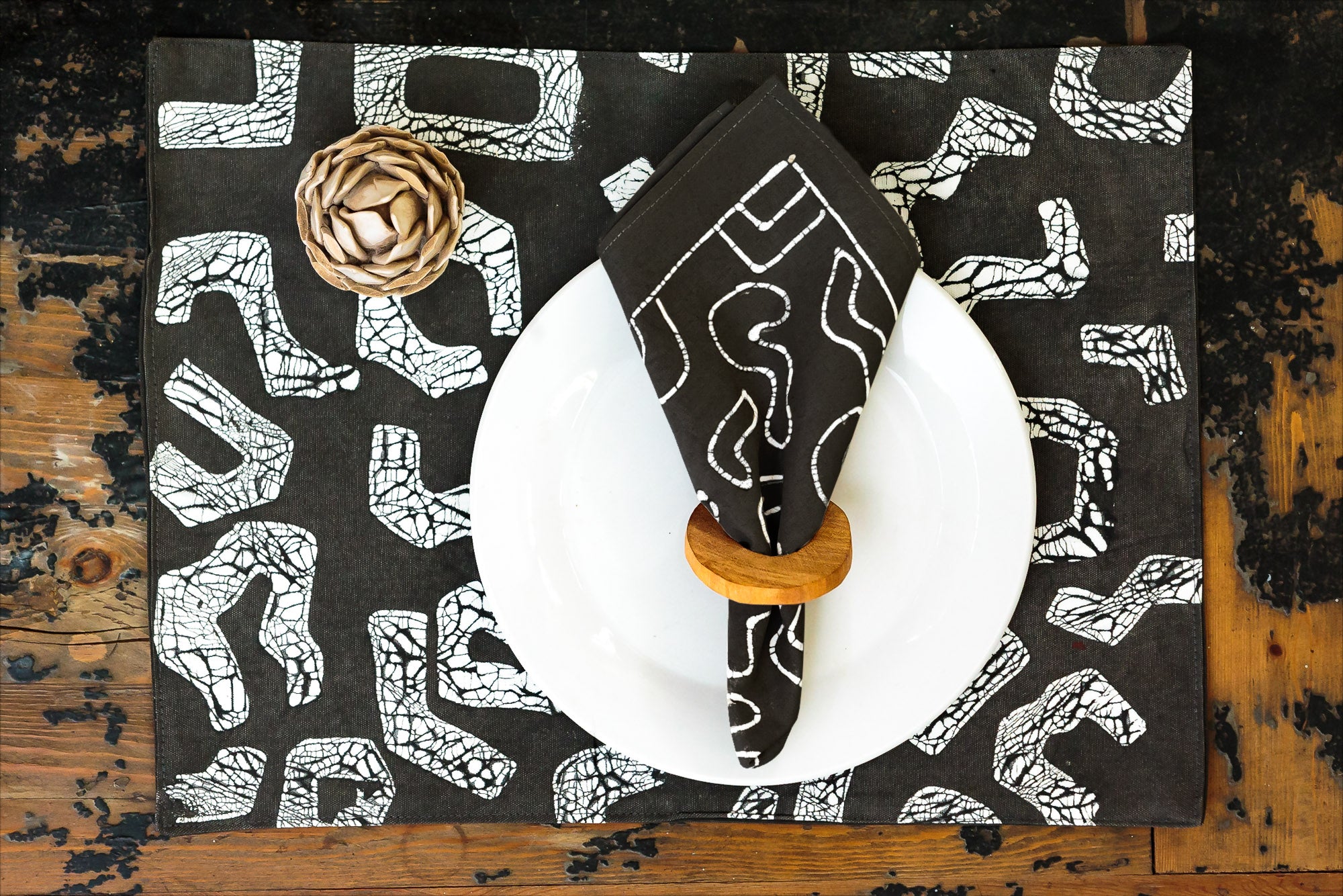 Charcoal Napkin Set inspired by african kuba cloth