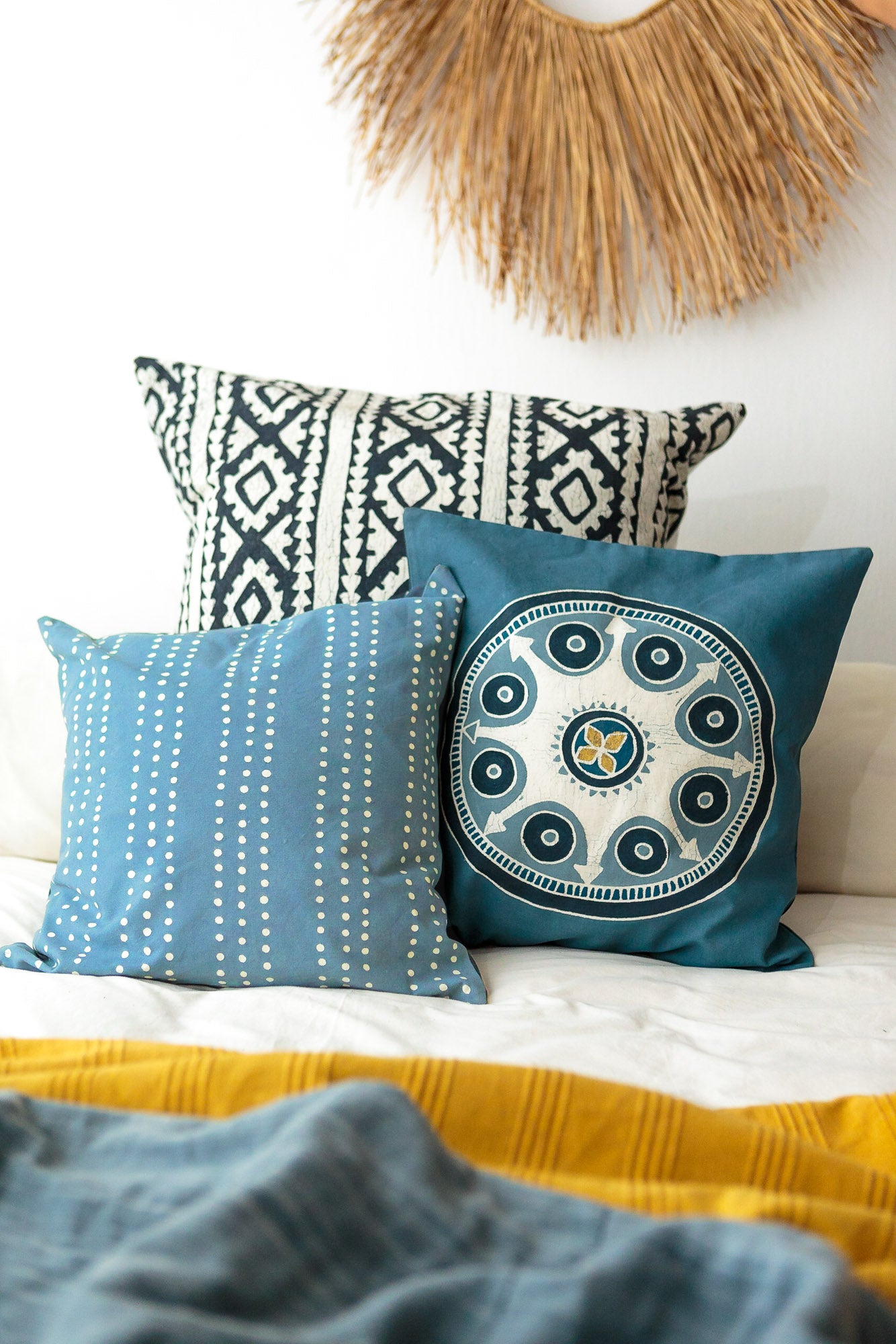 Light blue cushion cover, made sustainably with delicate patterns to brighten your eco-conscious home.