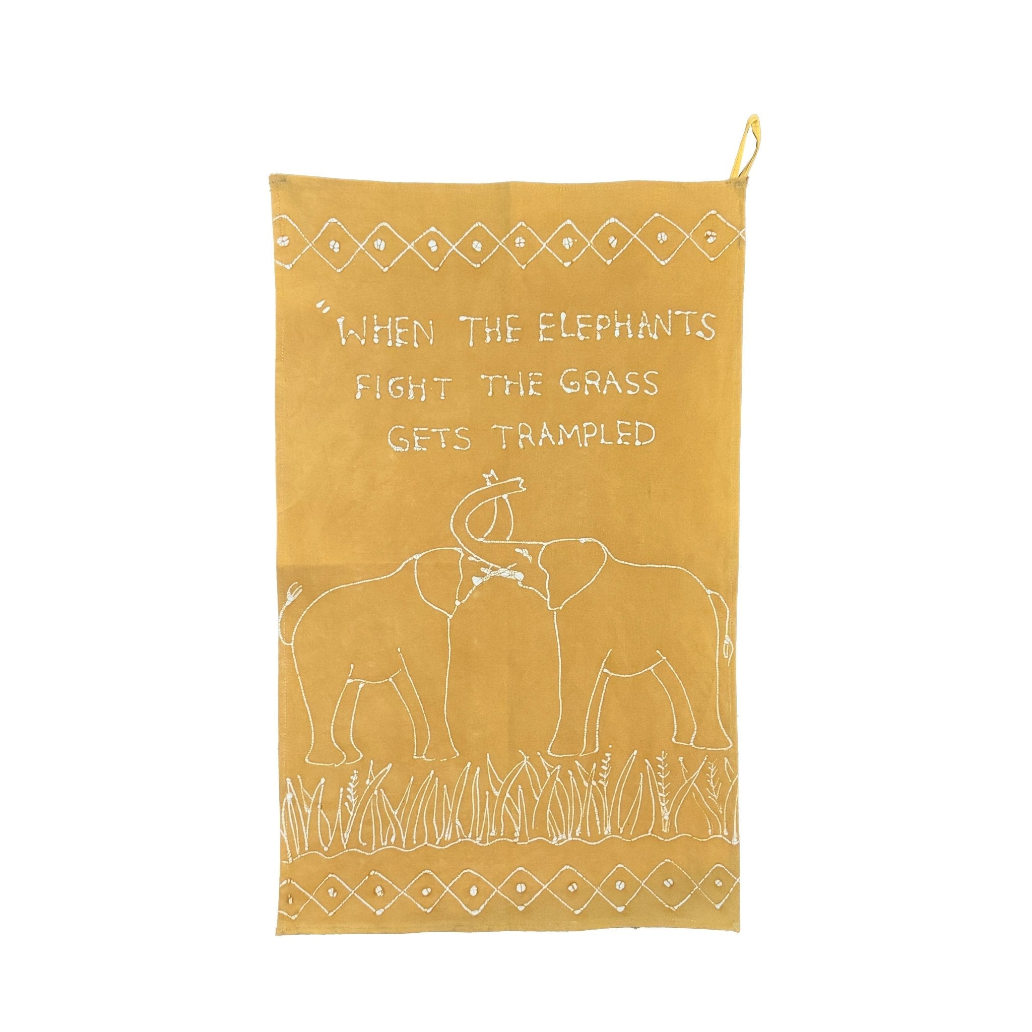 Kitchen tea towel with elephant design on eco cotton in bright yellow