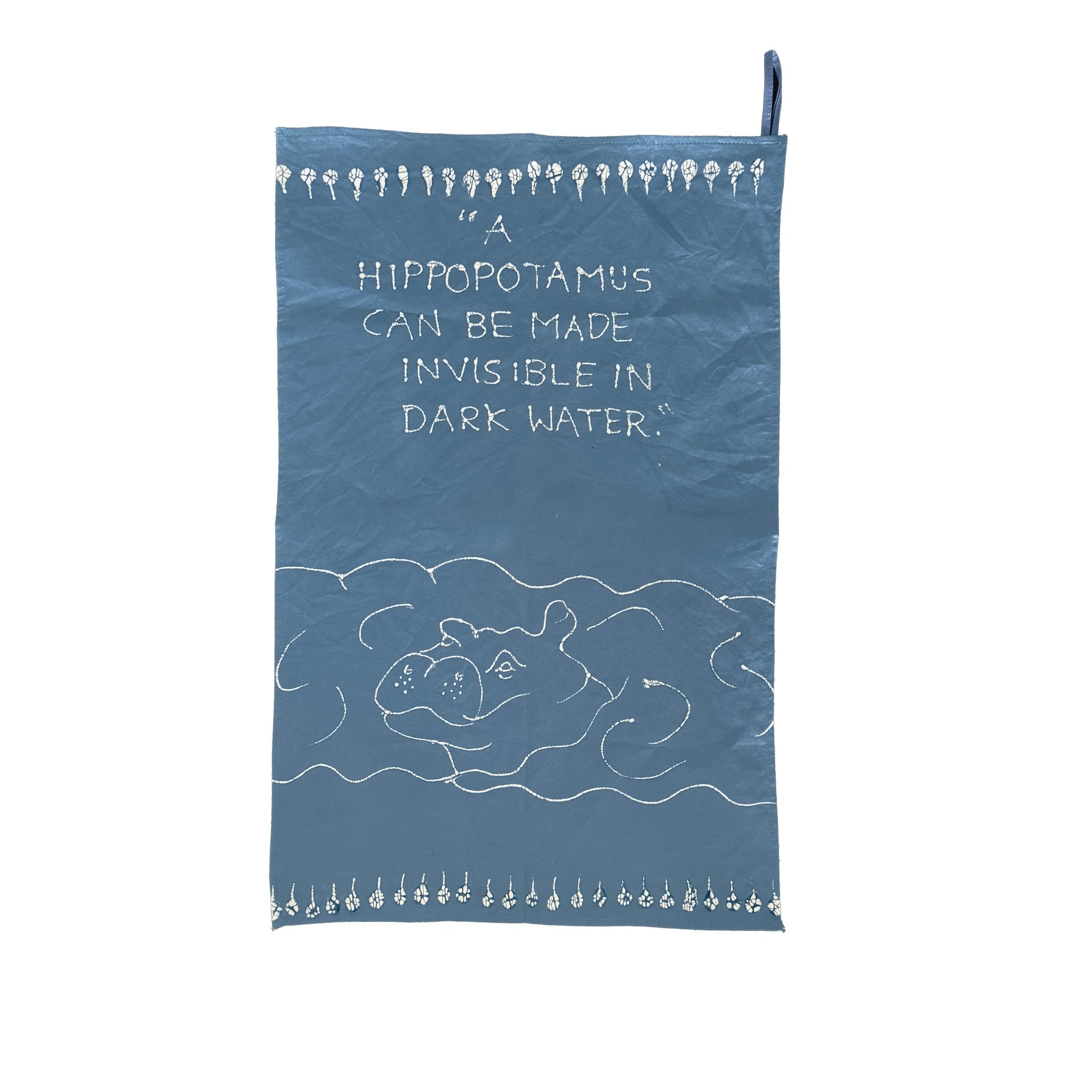 Handcrafted african proverb tea towel with hippo, sustainable kitchen ware