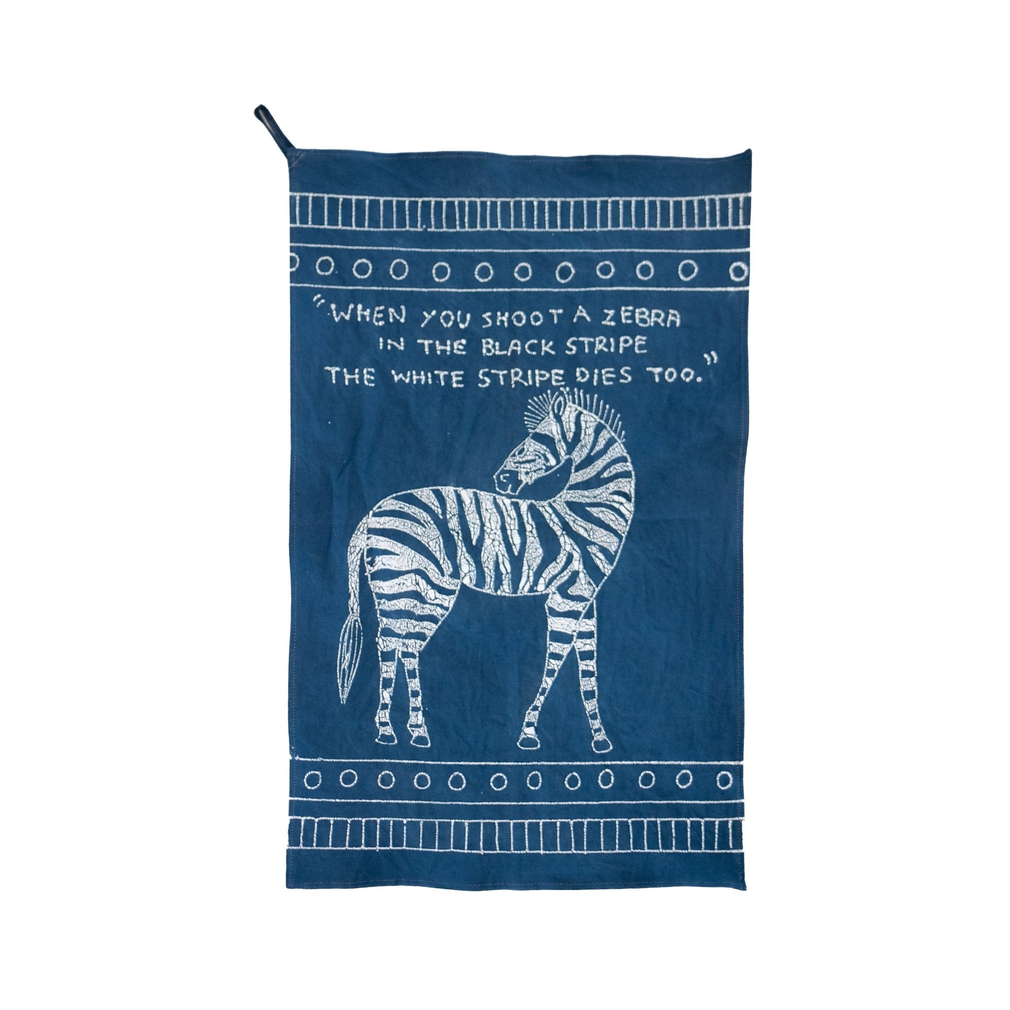Dark blue zebra kitchen tea towel, sustainably made on eco cotton.