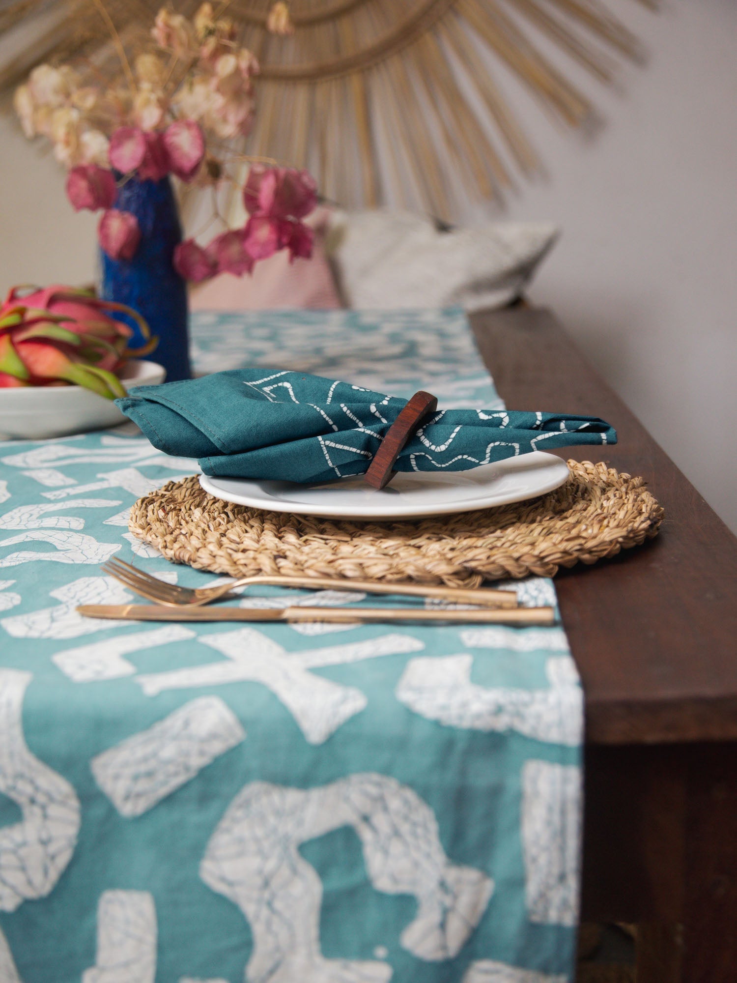 Stylish and sustainable light blue table runner that is perfect for summer parties and doesn't compromise on durability.