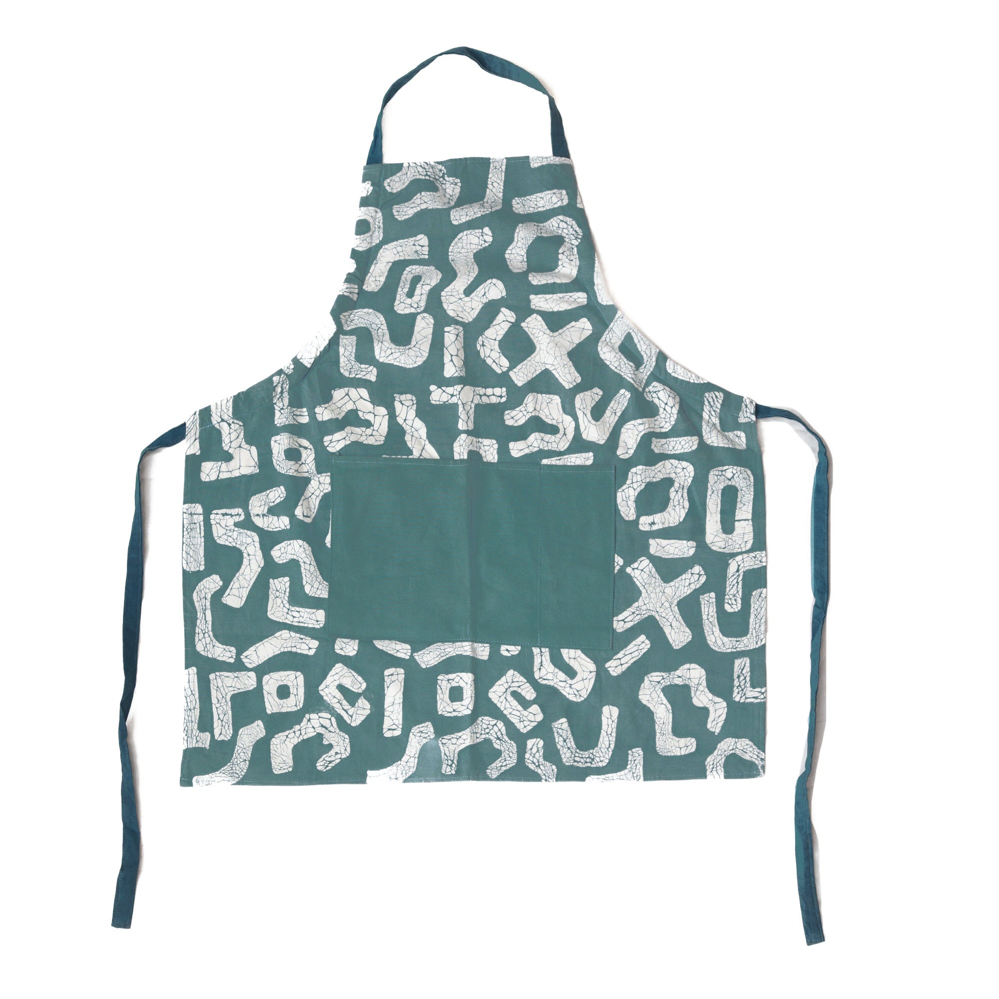 The perfect bohemian chic teal apron adorned with an African inspired squiggle pattern.