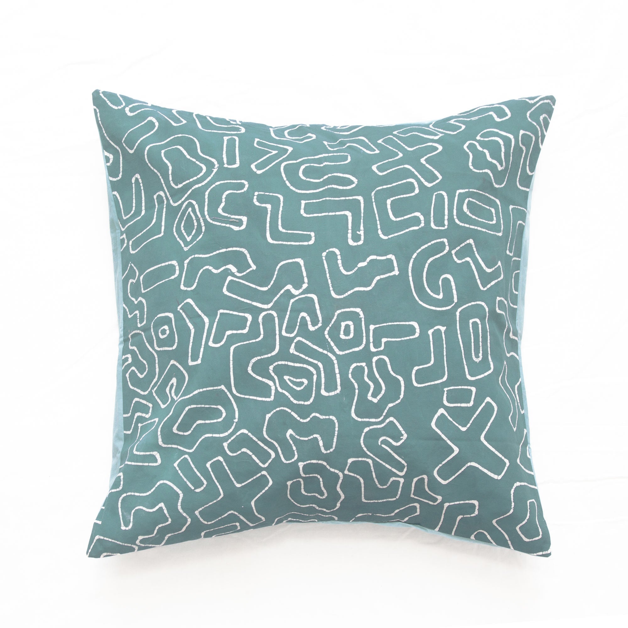 African made light blue cushion cover adorned with a Batik technique pattern, bound to intrigue with its squiggle pattern.