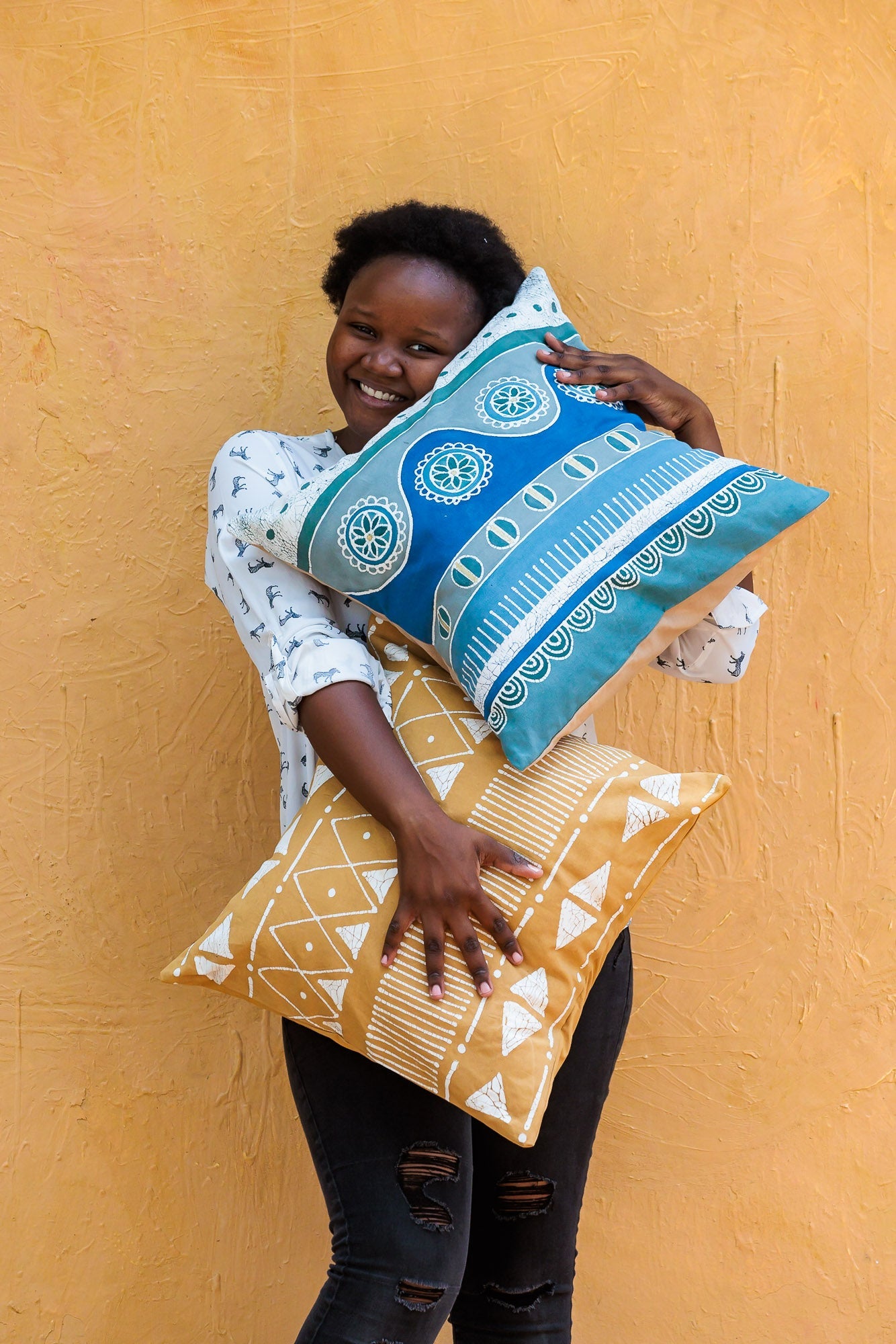 Bright blue cushion covers handcrafted in zambia eco friendly and sustainably made in organic cotton.