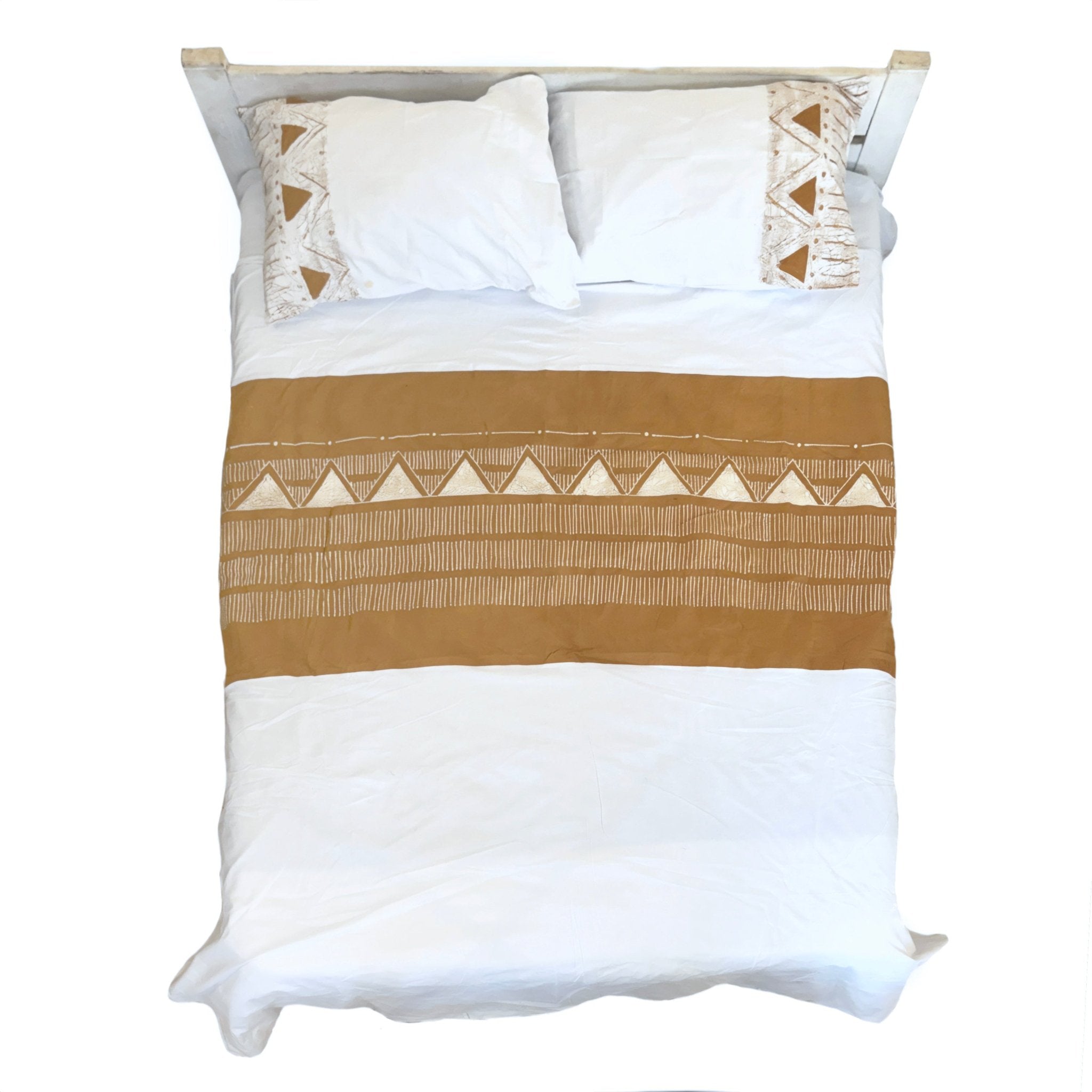 Sustinably made on organic cotton bedding set for your home with mustard yellow mud cloth design.