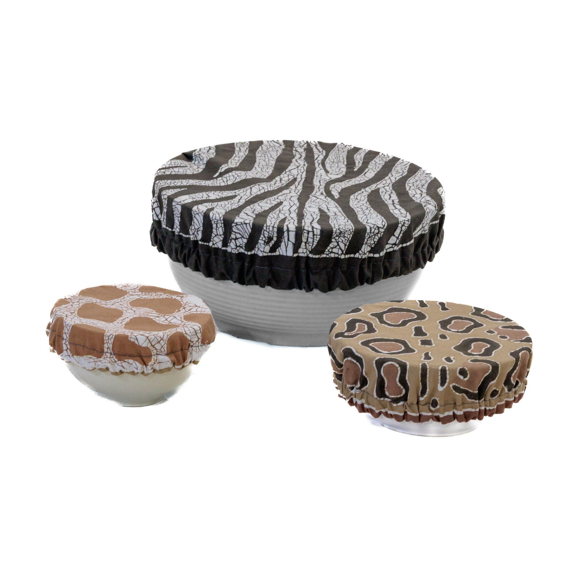 Reusable food bowl covers made in organic cotton with african animal pattern print