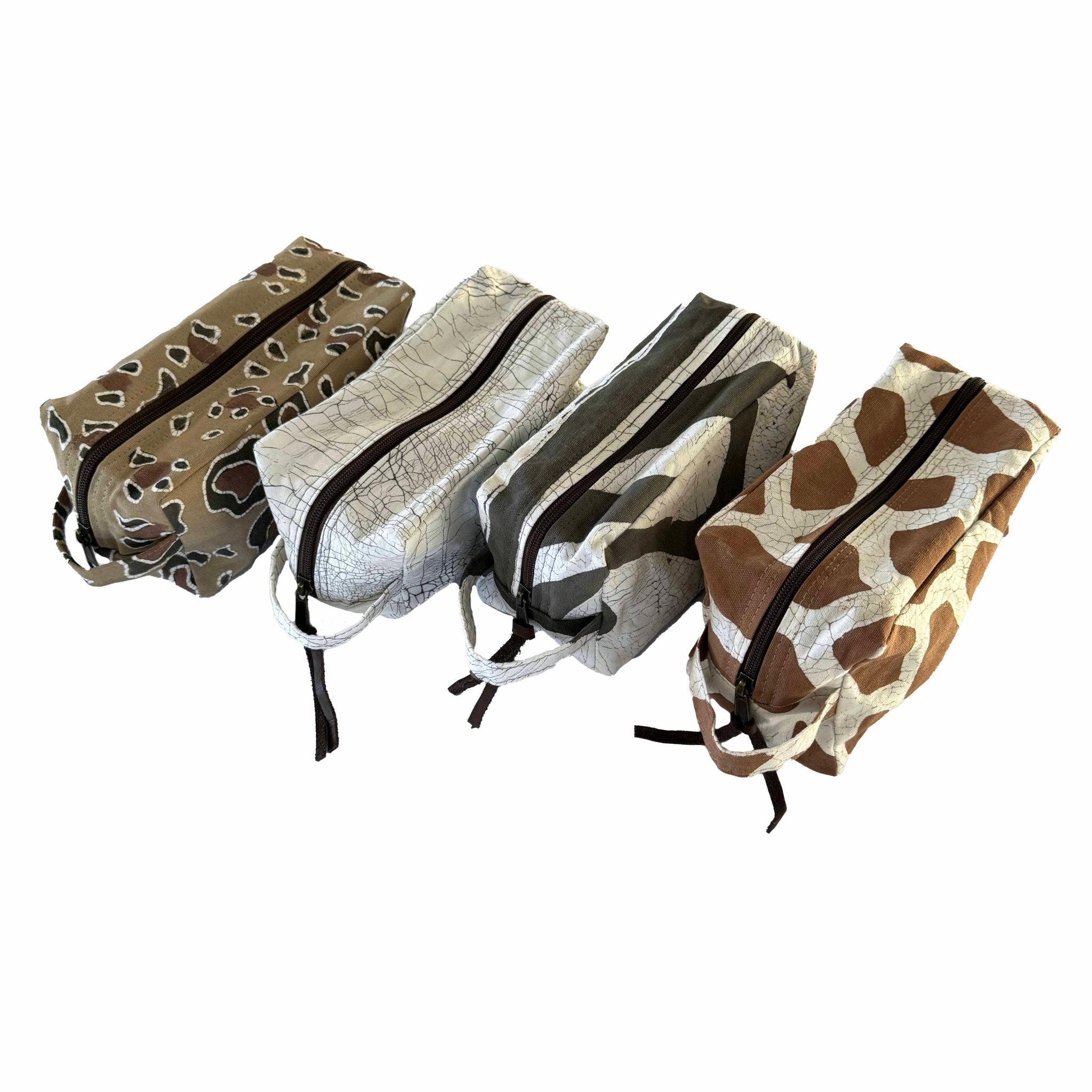 Eco savvy traveller wash bags made from handcrafted animal print patterned cotton fabric.