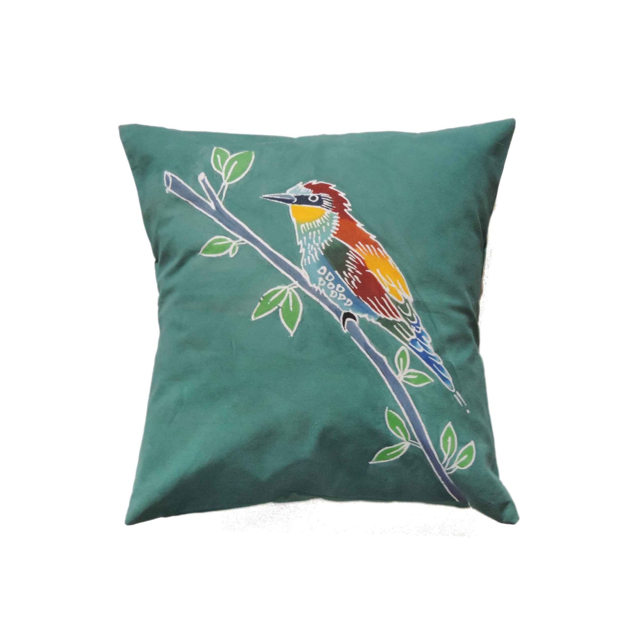 The perfect emerald green cushion cover adorned in beautiful and colourful African wild birds.