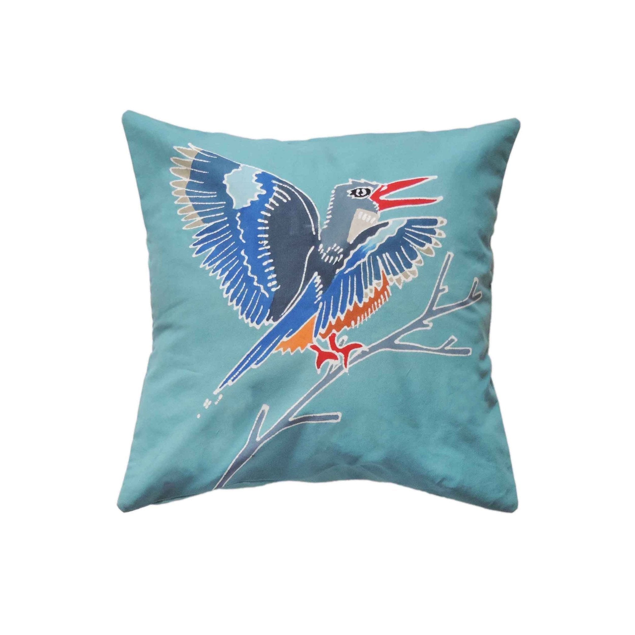Beautiful African Kingfisher cushion cover with a stunning light blue background.