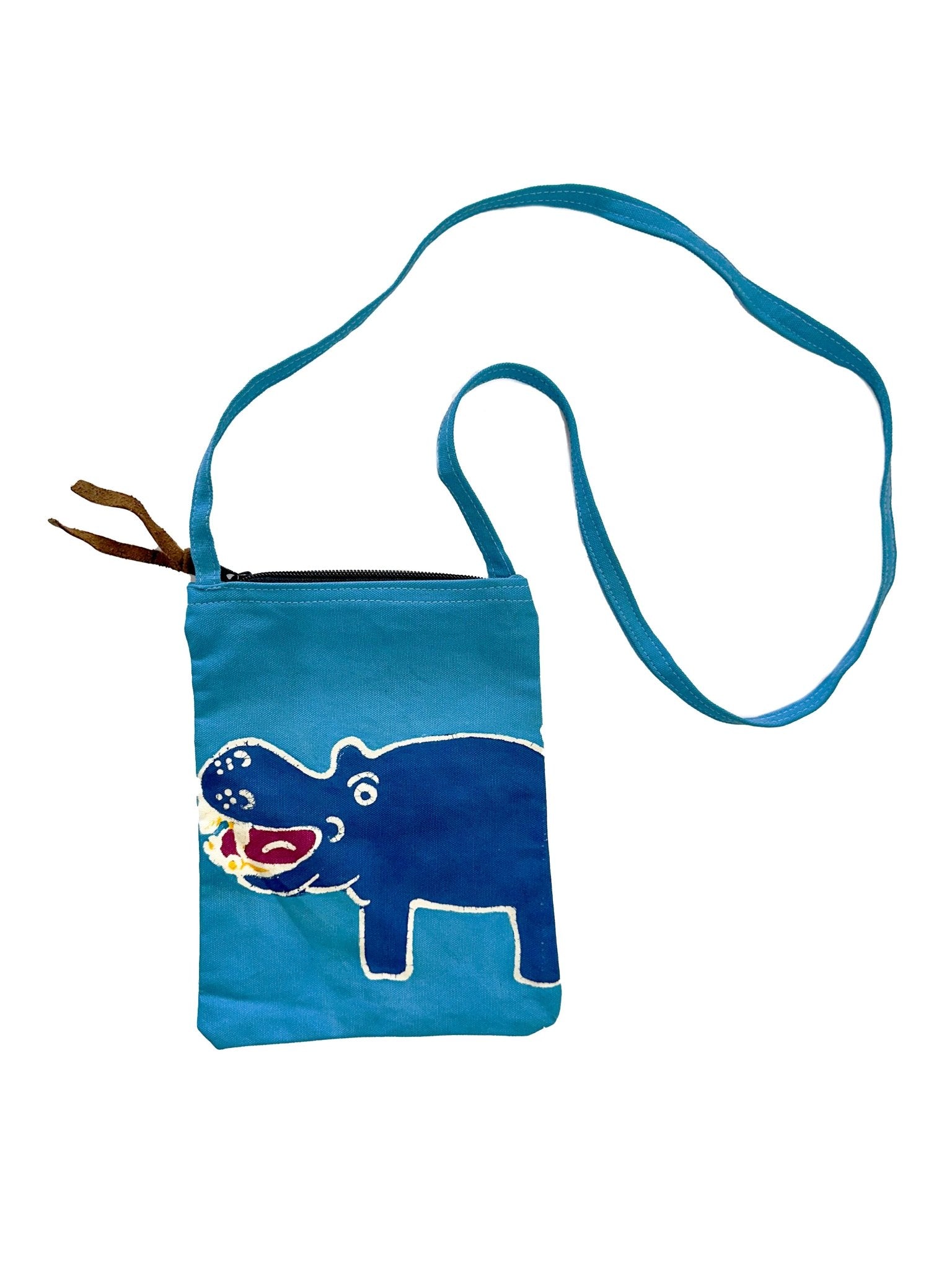 Sustainably made small Hippo print cross body passport travel bag for children