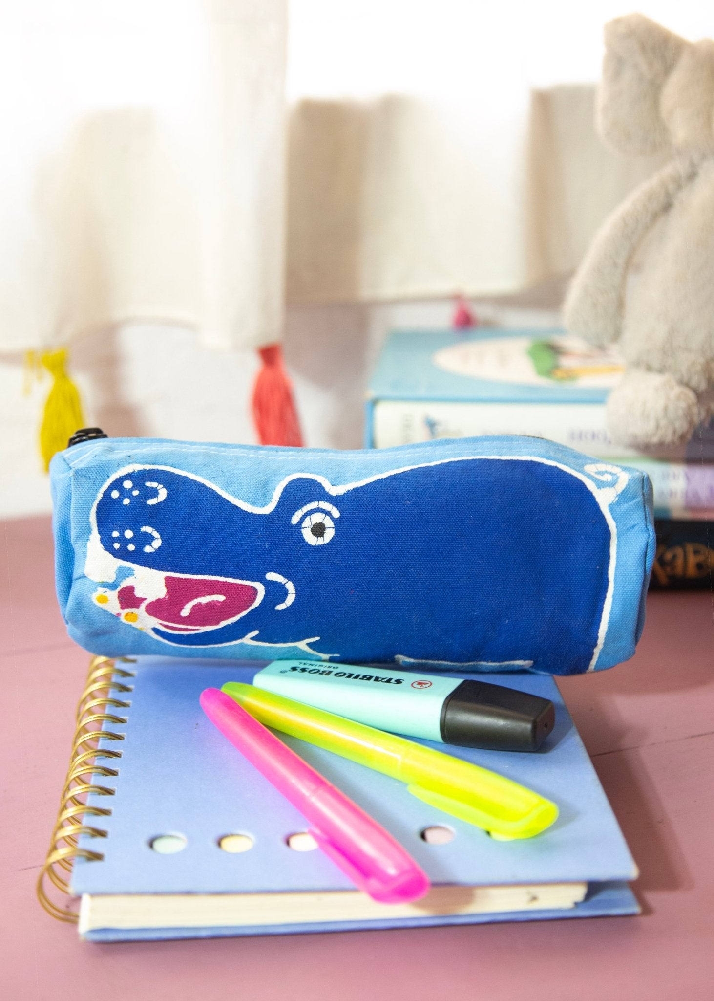 Safari Fun Hippo Pencil Case - Hand Painted by TRIBAL TEXTILES - Handcrafted Home Decor Interiors - African Made