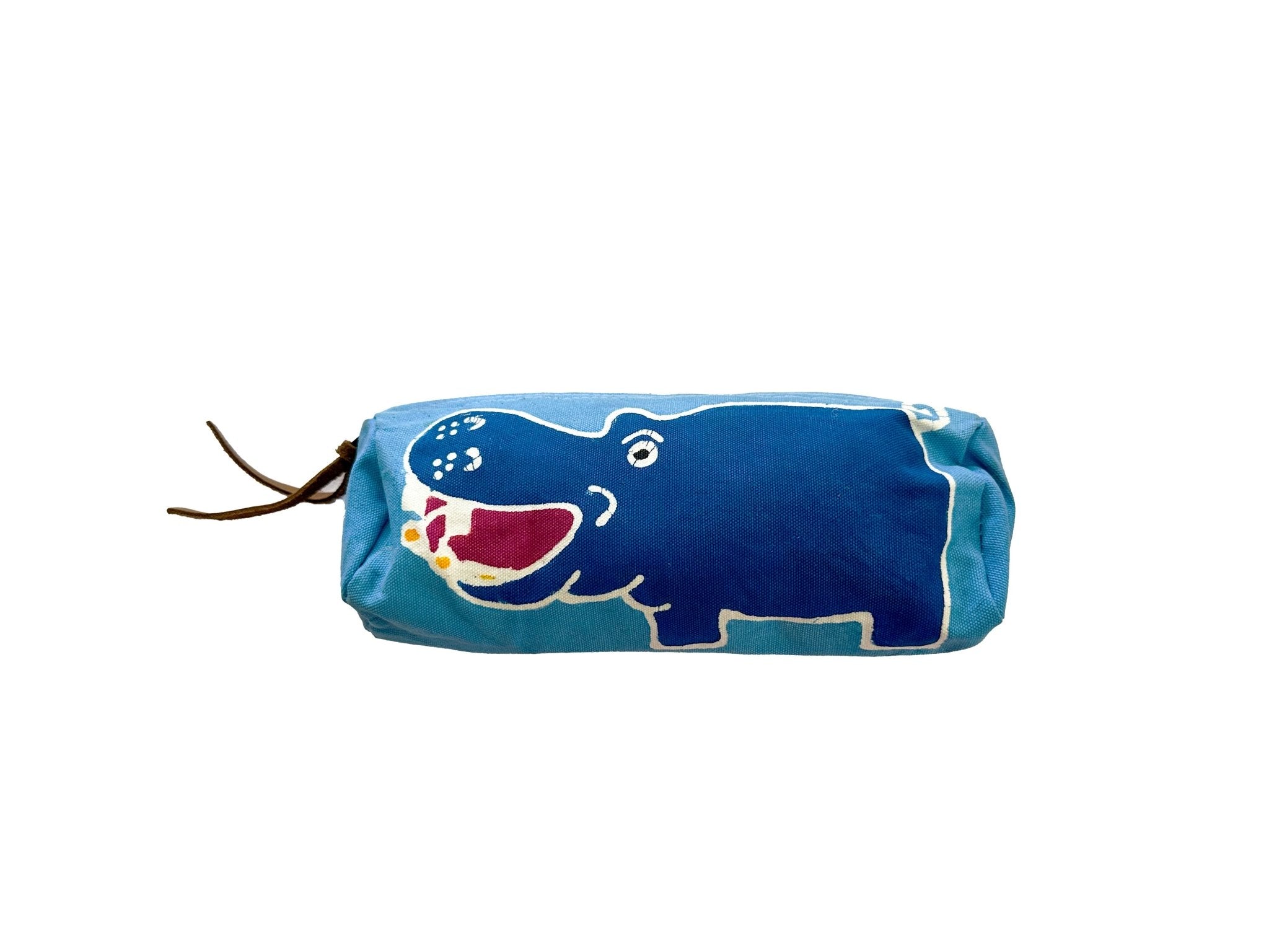 Hippo pencil case for kids, in bright blues, handcrafted in Africa