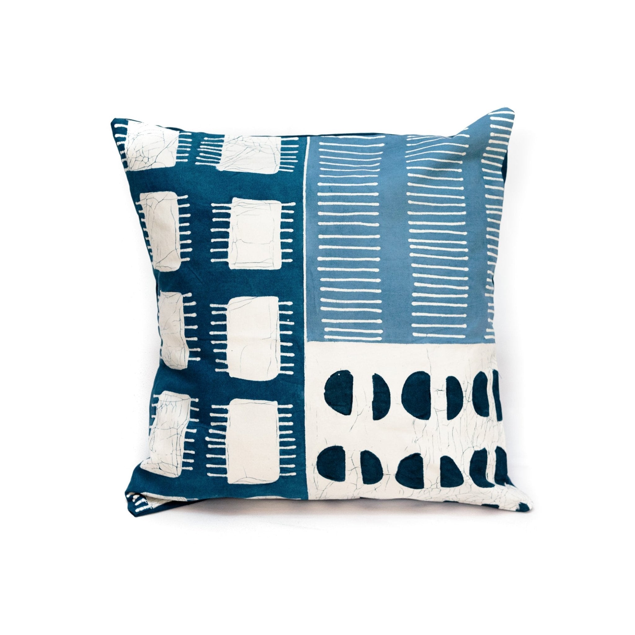 Bohemian chic patchwork pillow, made in Africa from 100% cotton with a mix of whites and blues.
