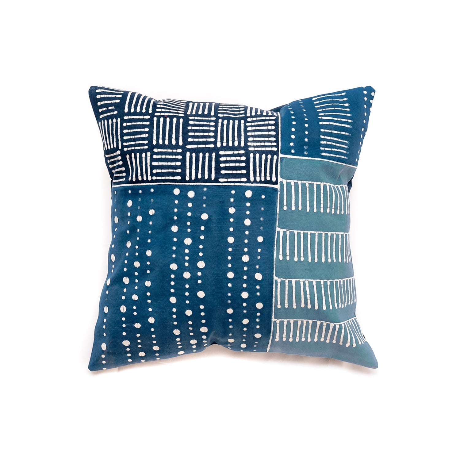 Handcrafted Tribal Cloth Indigo Patchwork Dark cushion cover in blues, showcasing a blend of tribal patterns.