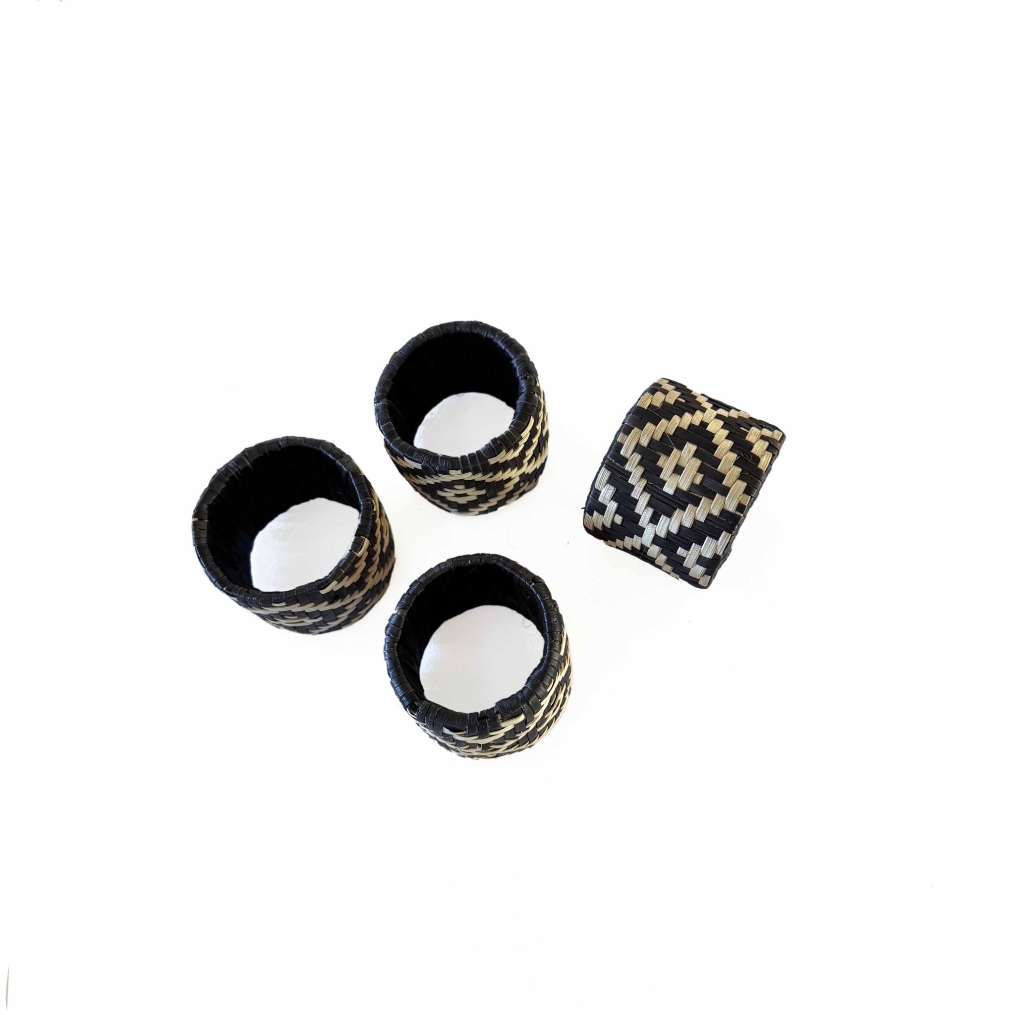 Handwoven diamond black and white palm woven napkin rings