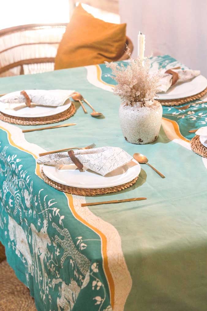 Zobisika Wild Animal Tablecloth Teal - Hand Painted by TRIBAL TEXTILES - Handcrafted Home Decor Interiors - African Made