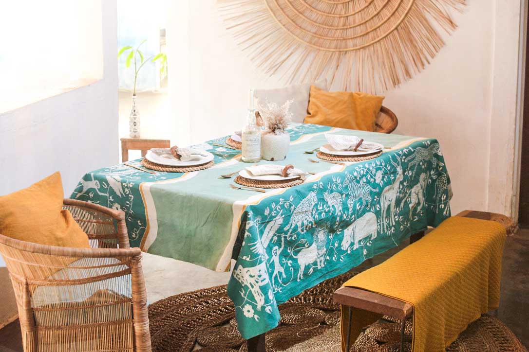 Zobisika Wild Animal Tablecloth Teal - Hand Painted by TRIBAL TEXTILES - Handcrafted Home Decor Interiors - African Made